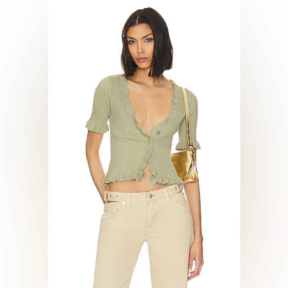 Lovers + Friends Carissa Matcha Sage Green Ruffle Sweater Pearl Buttons Top